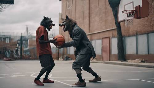 Rappresentazione giocosa di un lupo mannaro e un vampiro che giocano a basket in un campo di strada urbano