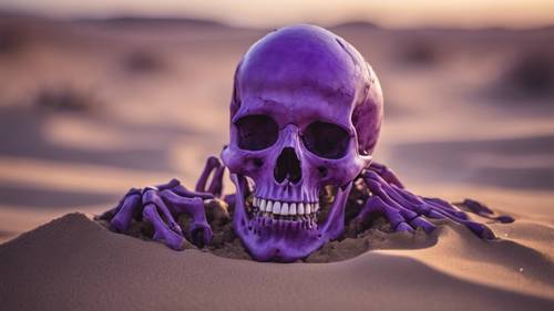 A purple skeleton buried in the desert, half submerged in sand.