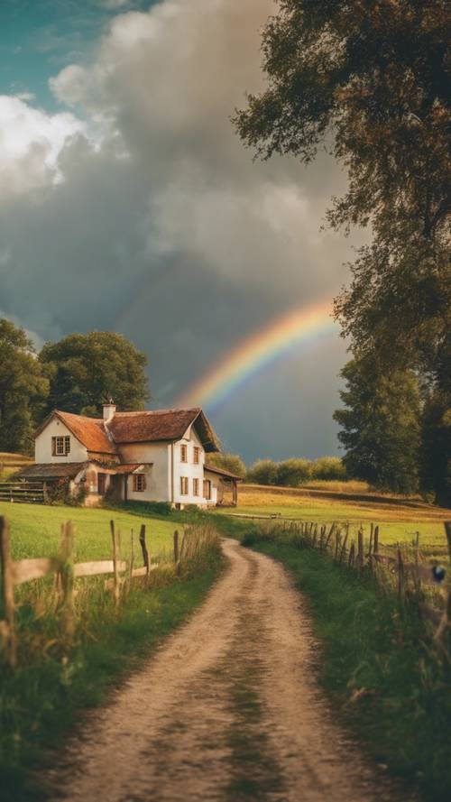 An idyllic countryside landscape with a rainbow beautifully arching over a quaint farmhouse. Tapeta [5b335adc8c1c4335b5dd]