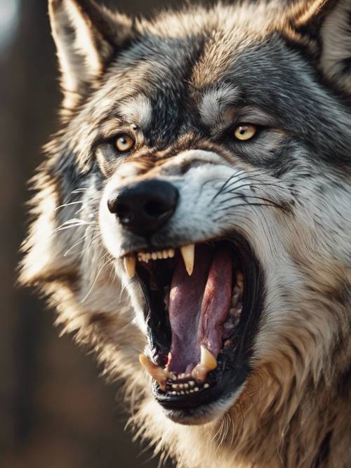 Pojedyncze zdjęcie twarzy warczącego wilka ukazujące zaciekłość i dominację.