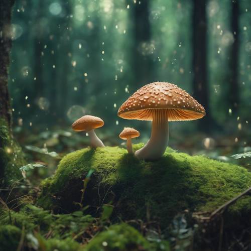 Un champignon vert royal animé numériquement cultivé dans une forêt enchantée mystique.