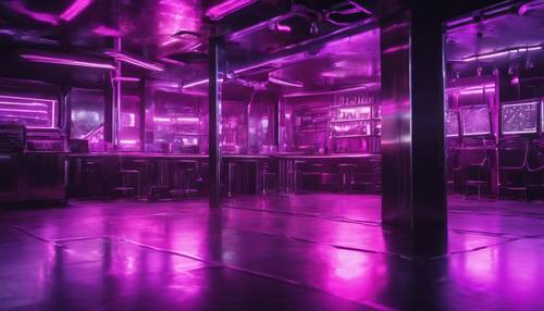 Una stanza buia illuminata da luci al neon viola che si riflettono su una superficie in acciaio inossidabile lucido.