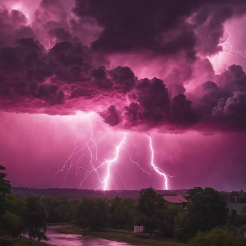 An intensely bright pink lightning bolt appearing from swirling storm clouds
