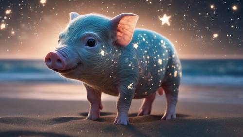 별이 총총한 밤하늘 아래 고요한 해변에 있는 생물 발광 새끼 돼지의 독특한 디지털 렌더링입니다.