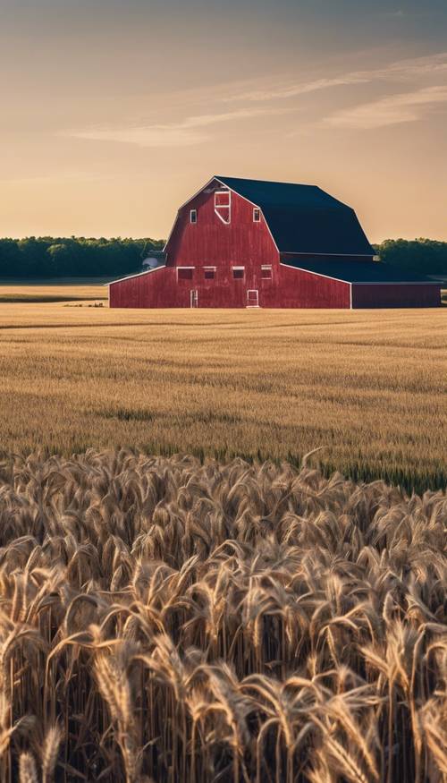 Una scena pacifica di un campo di grano ondeggiante nel Midwest americano, un classico fienile rosso in lontananza, sotto un cielo blu profondo e senza nuvole.