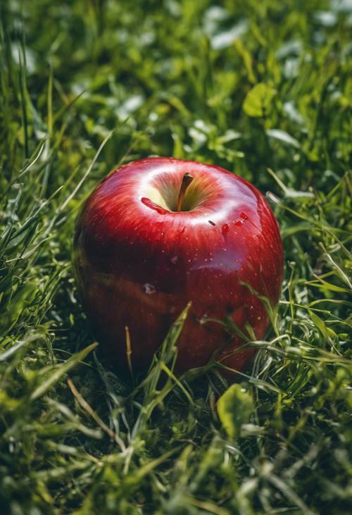 一颗鲜红的苹果躺在柔软的新鲜绿草上，头顶上可见蓝天。
