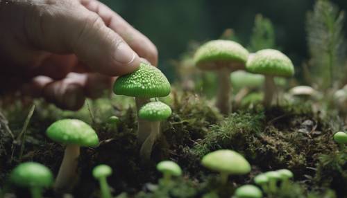 La mano di un biologo che raccoglie con attenzione un fungo verde per studiarlo.