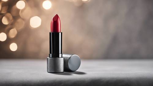 A luscious red lipstick against a grey, suede surface.