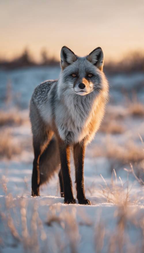 Uma raposa prateada em pé desafiadoramente em uma tundra nevada durante o pôr do sol