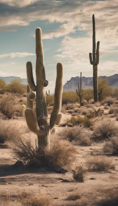 Saguaro kaktüsleri, inek kafatasları ve dikenli otlarla dolu, batı tarzında canlı bir çöl manzarası deseni.