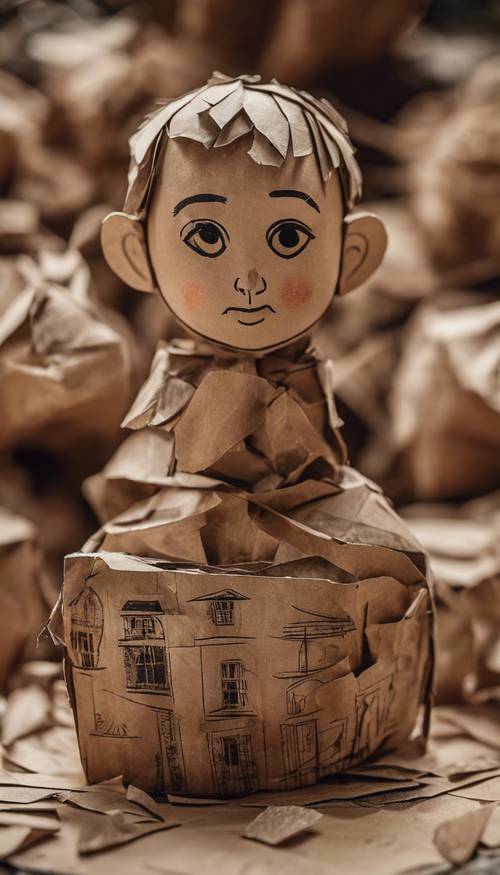 A children's art paper mâché project using strips of brown paper. Tapeta [74f95c5ca4094351b8bf]