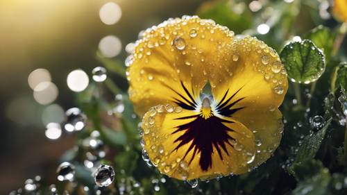 A yellow pansy with dew drops sparkling on its surface.