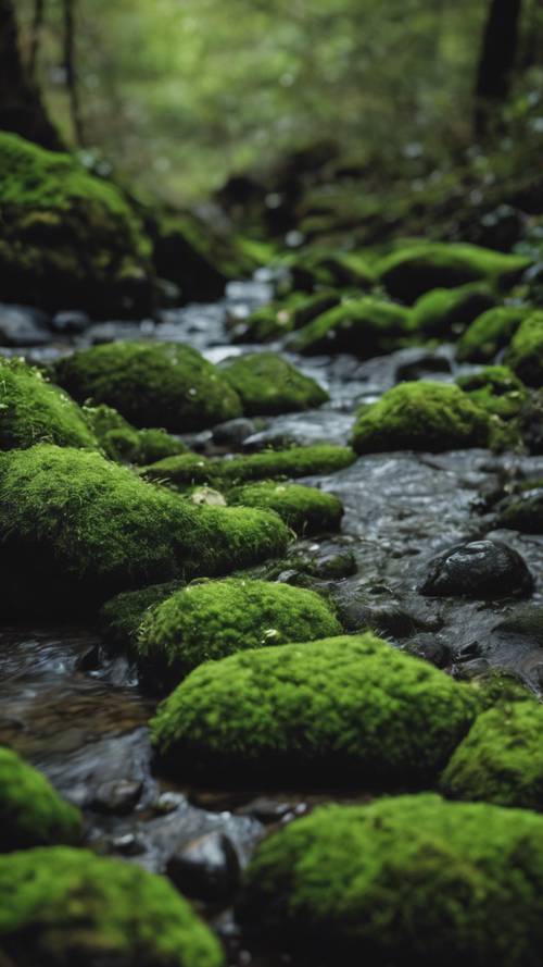 Dark green moss covered rocks in a slow moving creek bed.