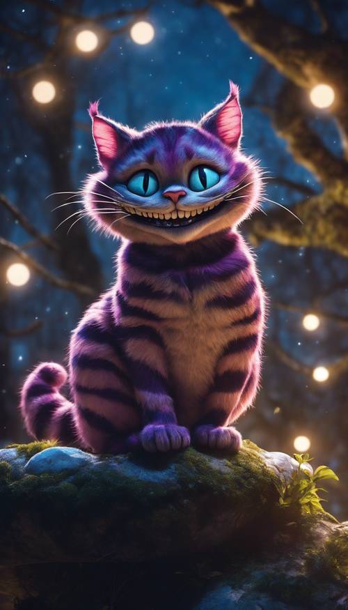 An enormous Cheshire Cat floating in mid-air, grinning mysteriously against the backdrop of a moonlit night in Wonderland".