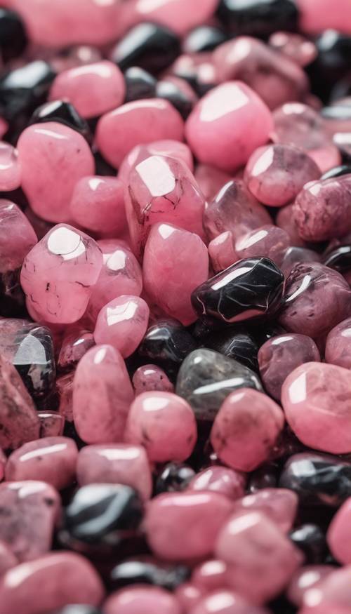 لقطة مقربة مفصلة للغاية لحجر كريم من الرودوكروزيت باللونين الوردي والأسود.