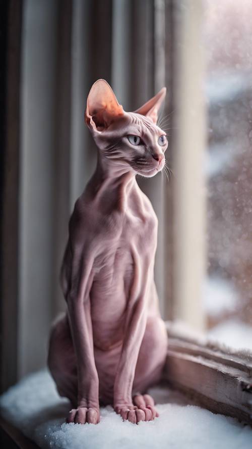 A glacial pink Sphinx cat with a contemplative gaze sitting peacefully by an old-fashioned window during a snowy winter evening. Tapet [7a3c20a34b96443ca334]