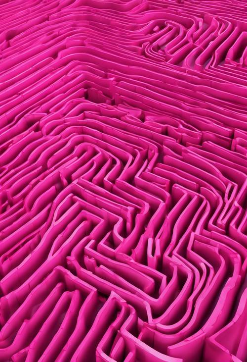 Kolase garis merah muda abstrak membentuk labirin yang rumit.