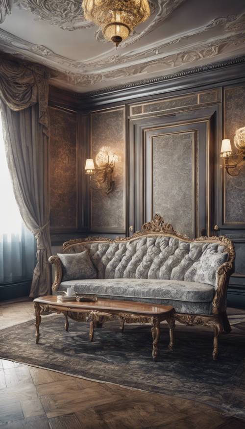Una habitación de la época victoriana con tapicería de damasco plateado y muebles de roble ornamentados.
