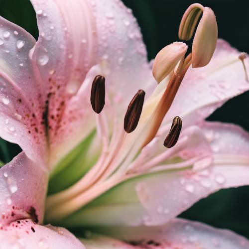 Makrofotografie einer pastellrosa Lilie, auf der jedes Pollenkorn auf ihrem Staubblatt zu erkennen ist.