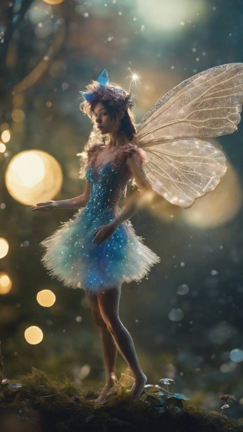 Una fata stravagante e magica, con ali iridescenti e vestita di morbida stoffa scintillante, che danza sotto un fungo velenoso al chiaro di luna.