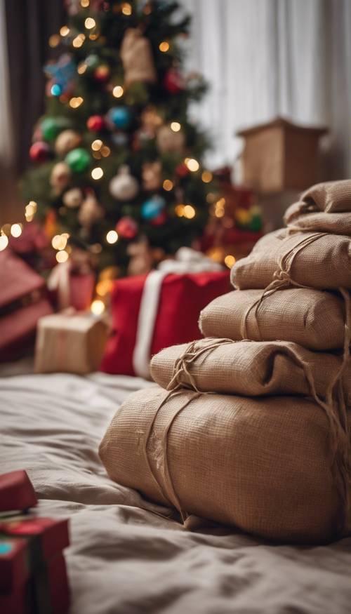 A pair of brown hessian Santa Claus sacks full of colorful presents at the end of children's beds on Christmas Eve.