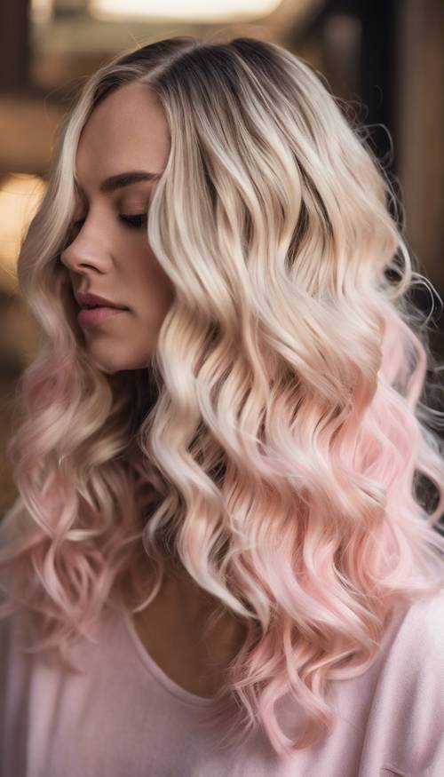 女人柔和的波浪髮呈現出迷人的淺粉紅色到金色漸變色。