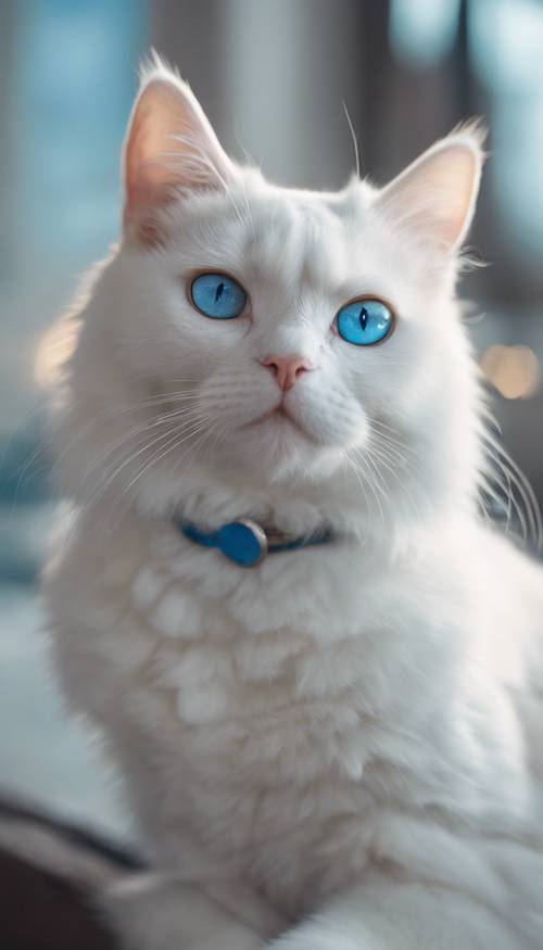 แมวสีขาวสวยงามที่มีดวงตาสีฟ้าสดใสในท่านั่งอันสง่างาม