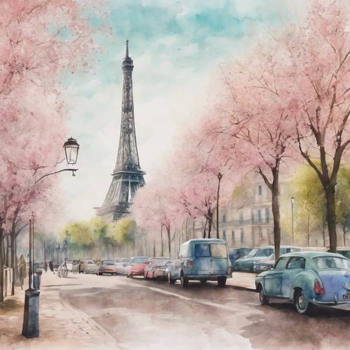 Una romantica rappresentazione in acquerello pastello di Parigi in primavera.