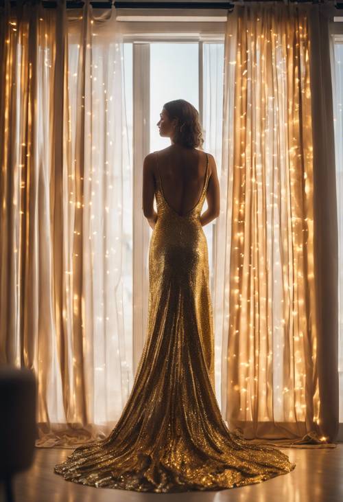 Una elegante dama con un brillante vestido dorado bajando la cortina para dar la bienvenida a la primera luz del día de Año Nuevo.