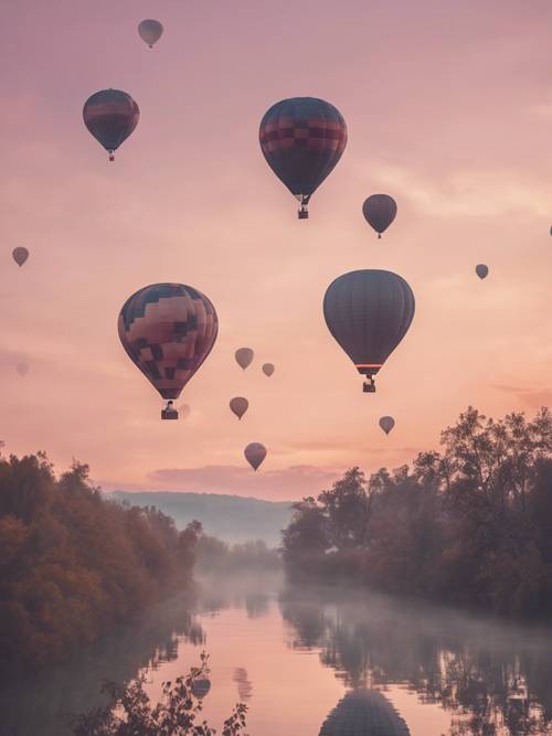 Uma imagem surreal de balões de ar quente flutuando em um céu em tons pastéis ao entardecer.
