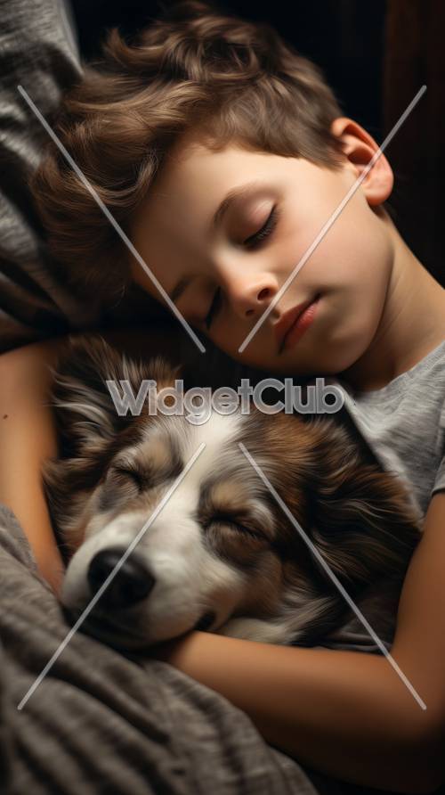 眠る男の子と犬が一緒にくっついている壁紙