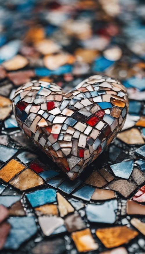 A broken heart pieced together with various shades of beautiful mosaic tiles.