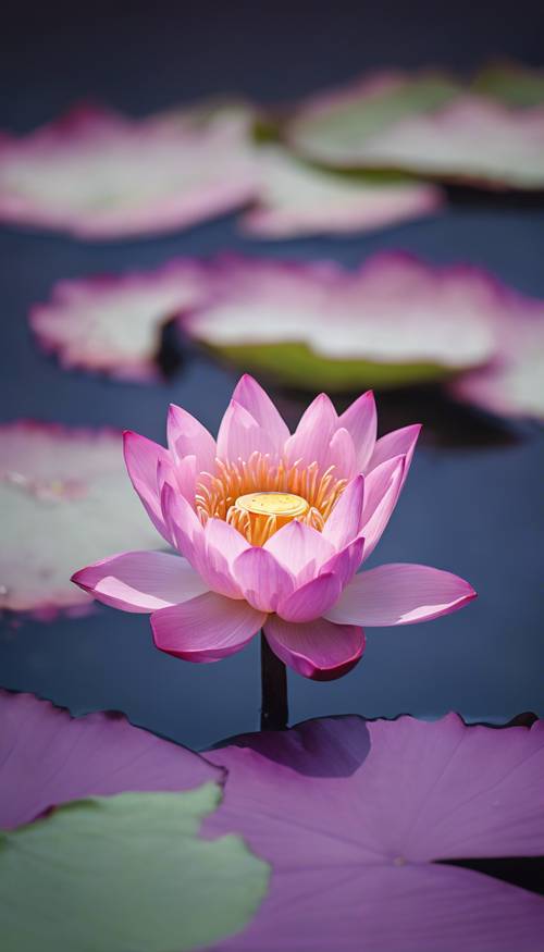 静かな紫色の池に咲くピンクの蓮の花