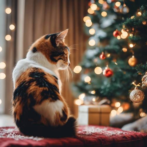 Eine gemütliche Innenszene mit einer dreifarbigen Katze, die es sich vor dem Kamin neben einem geschmückten Weihnachtsbaum gemütlich macht.