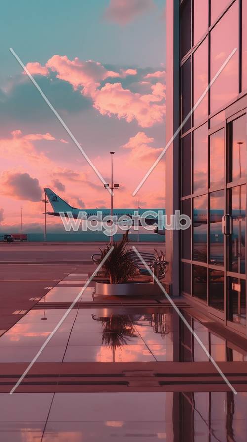 空港で夕日を見る飛行機