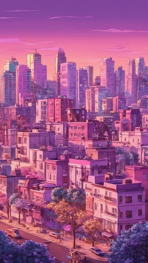 Un&#39;illustrazione kawaii di uno skyline di una città color lilla durante il tramonto.