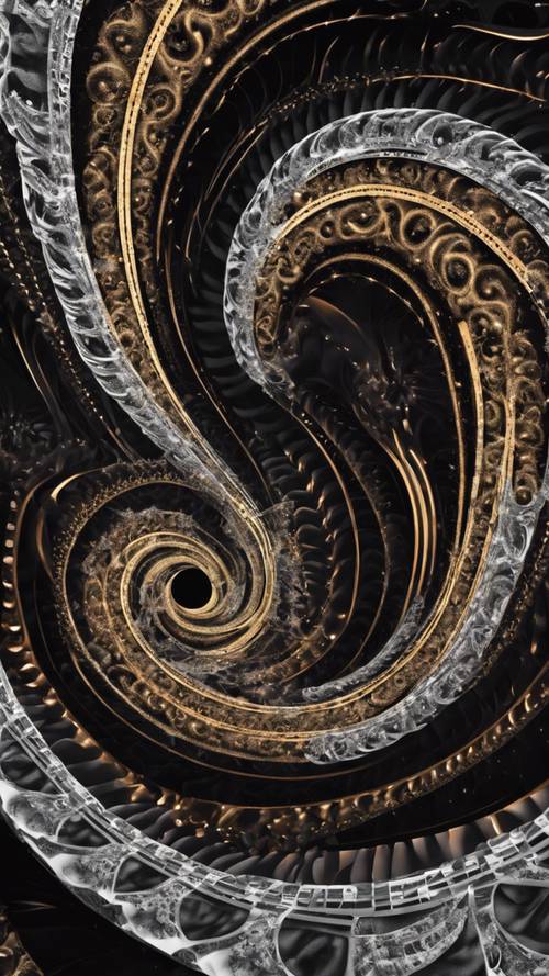 Schwarzes fraktales Muster, das sich spiralförmig in die Unendlichkeit windet.“