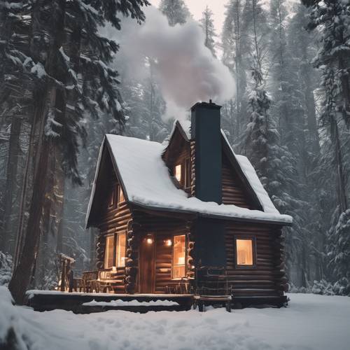 A cozy cabin in a wintry forest, with smoke puffing from the chimney.