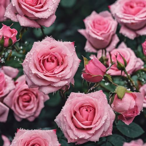 Eine Collage aus rosa Rosen mit Tautropfen darauf.