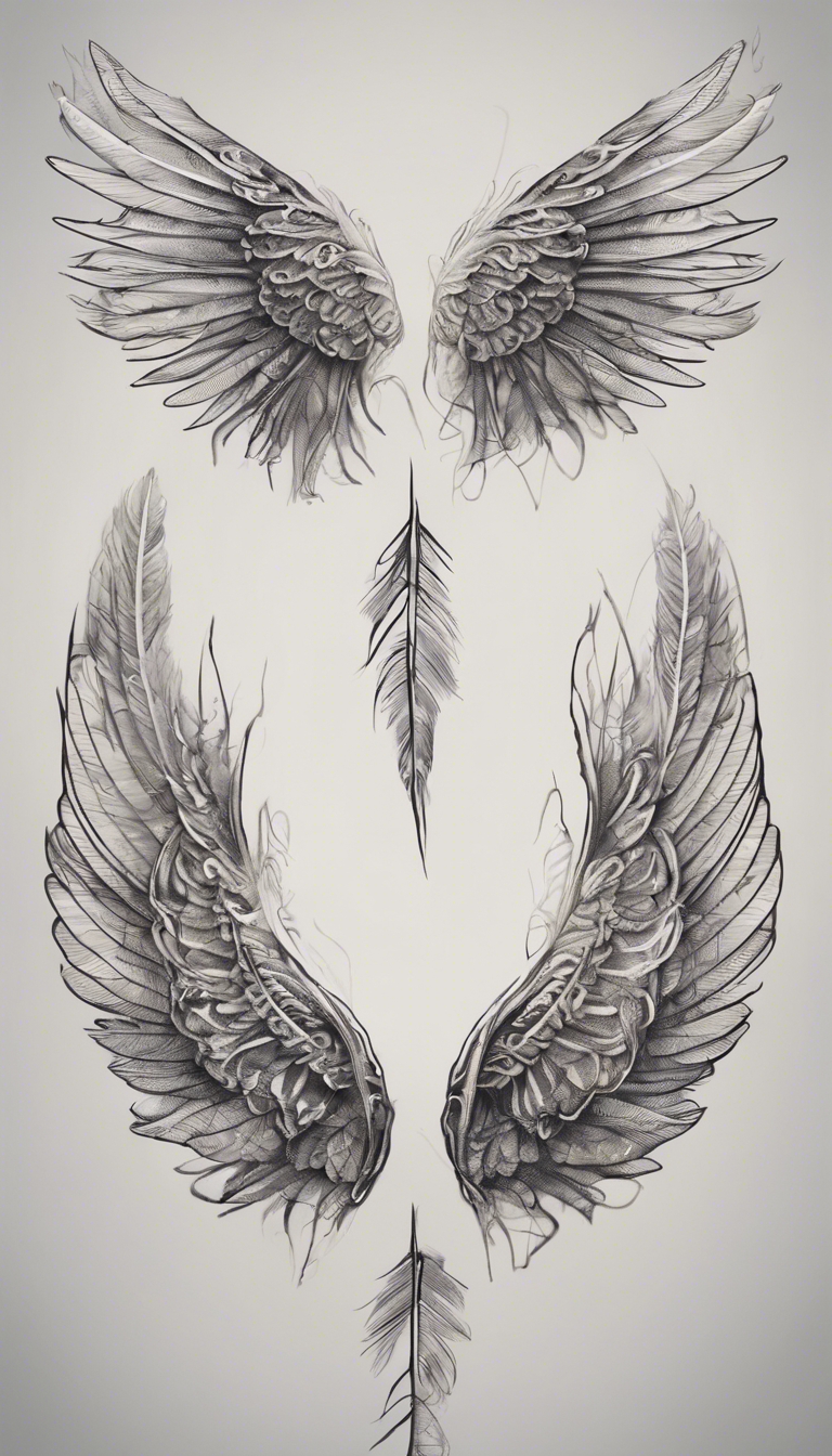 A minimalist tattoo design of angel wings with intricate feather details. Tapet[6bb00e54a81a4a86a18f]