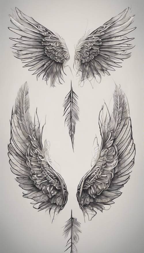 天使翅膀的简约纹身设计，带有复杂的羽毛细节。