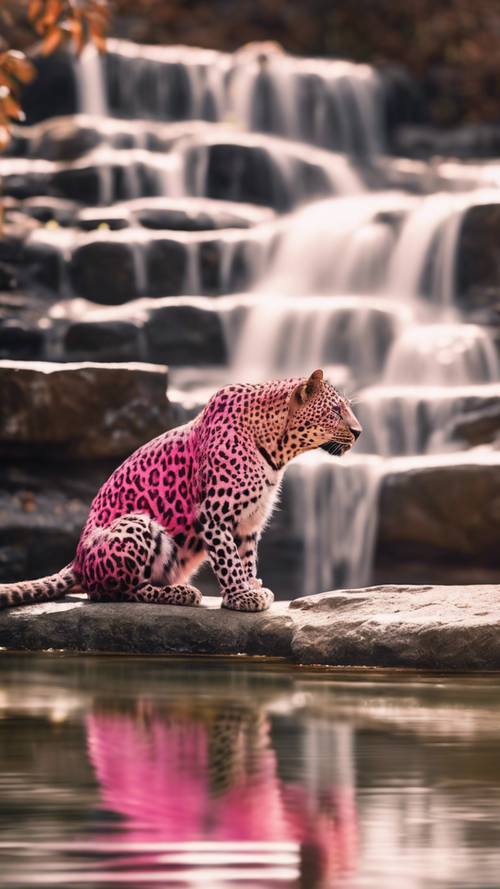 A pink leopard basking in the sun, beside a crystal clear waterfall.