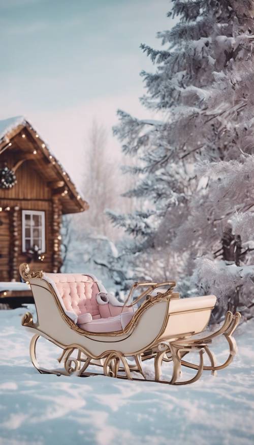 A pastel-colored Christmas sleigh full of presents, parked by a wooden cabin in a snowy landscape. Tapet [ccebdd9744134974b57b]