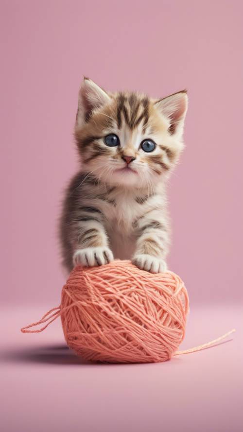 A minimalist illustration of a small kitten playing with a ball of yarn on a pastel background.