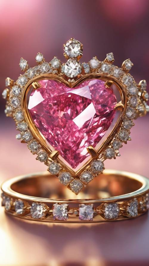 A giant pink diamond beautifully embedded in the heart of a golden crown.
