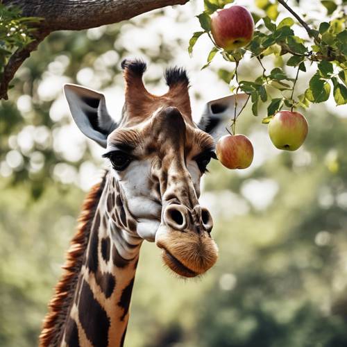 Yüksek bir daldan sarkan iştah açıcı elmaya ulaşmak için boynunu uzatan bir zürafa.