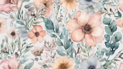 Ręcznie rysowany kwiatowy wzór w paski w akwareli, w delikatnych pastelowych odcieniach.