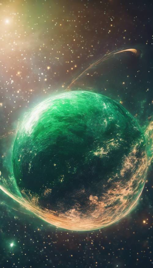 An emerald green planet twirling in the midst of the cosmos.