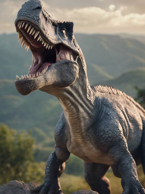 Un dinosaurio gris con dientes rugiendo triunfalmente en la cima de una colina.