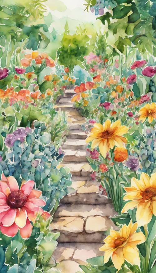A bright and lively garden scene created with watercolors in a repeating pattern.